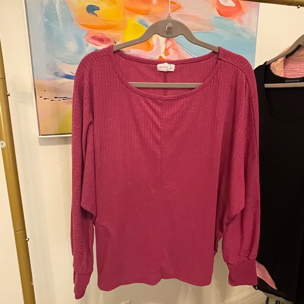 Olivia Sky Long Sleeve Ribbed Top — Raspberry size XL
